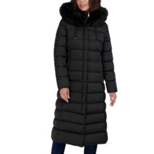 Tahari Nellie Black Faux-Fur Hooded Maxi Puffer Coat Women's Size L